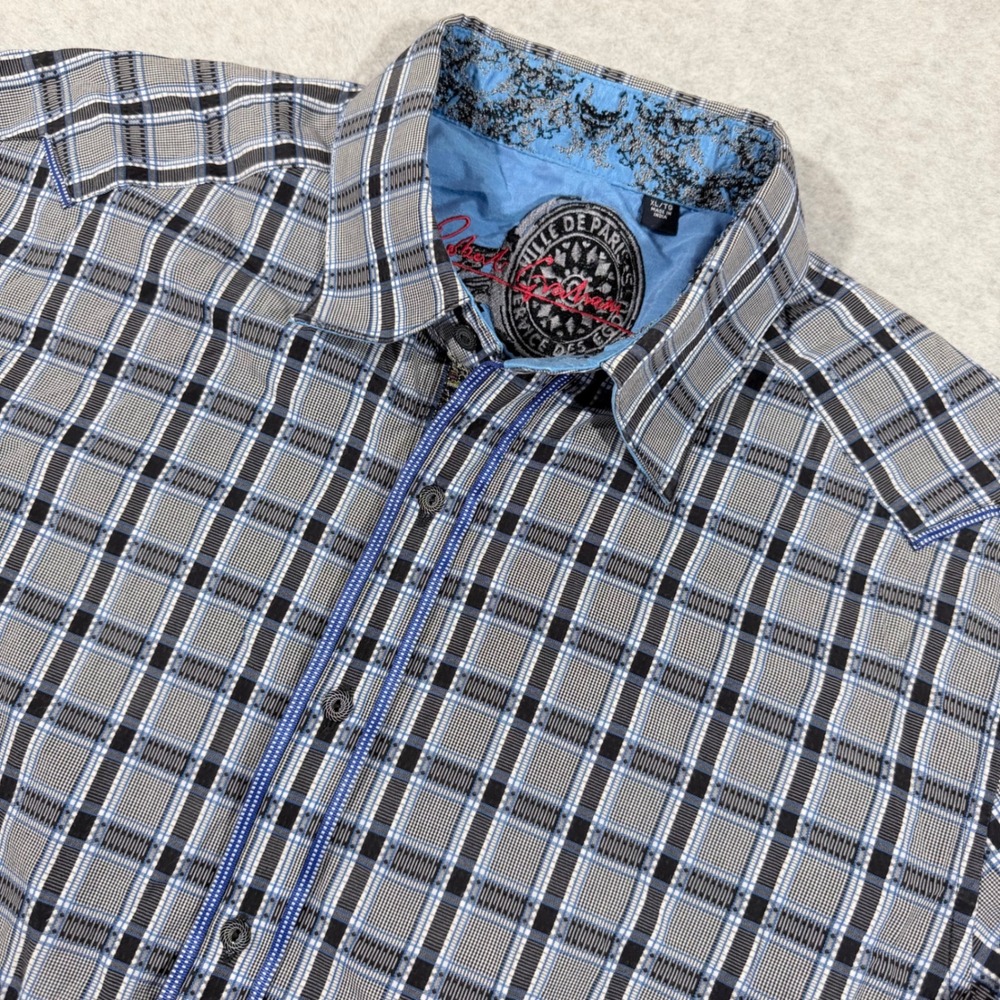 Robert Graham Button Down Men XL Blue Plaid  Contrast Cuffs Long Sleeve
